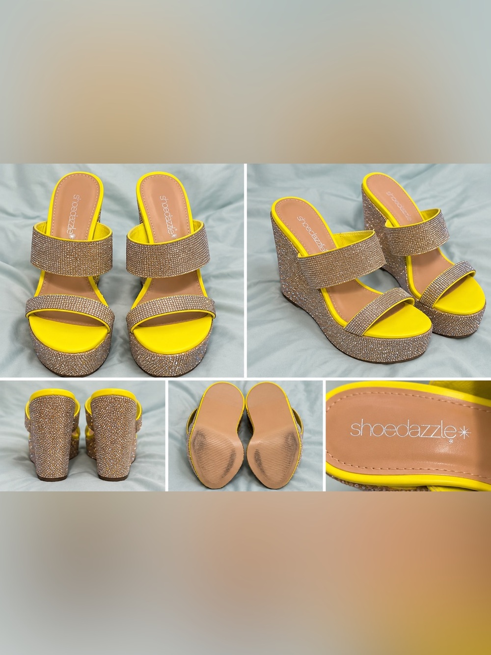 Shoe Dazzle Yellow and Gold Glitter Platform Slide Wedges